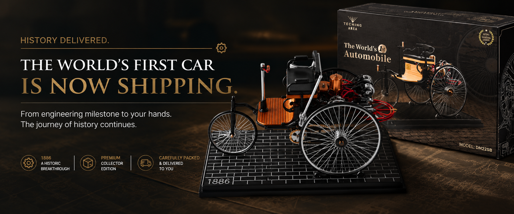 The image shows the shipping instructions and packaging for TECHING World's 1st Car Metal DIY Model Kit.