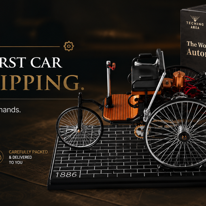The image shows the shipping instructions and packaging for TECHING World's 1st Car Metal DIY Model Kit.