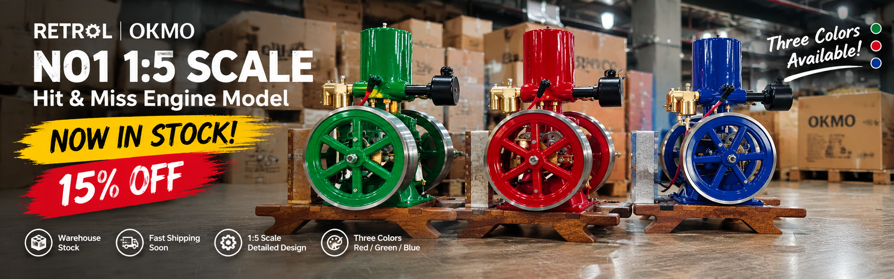This is a promotional banner for the Retro N01 engine, available in three colors and in stock.