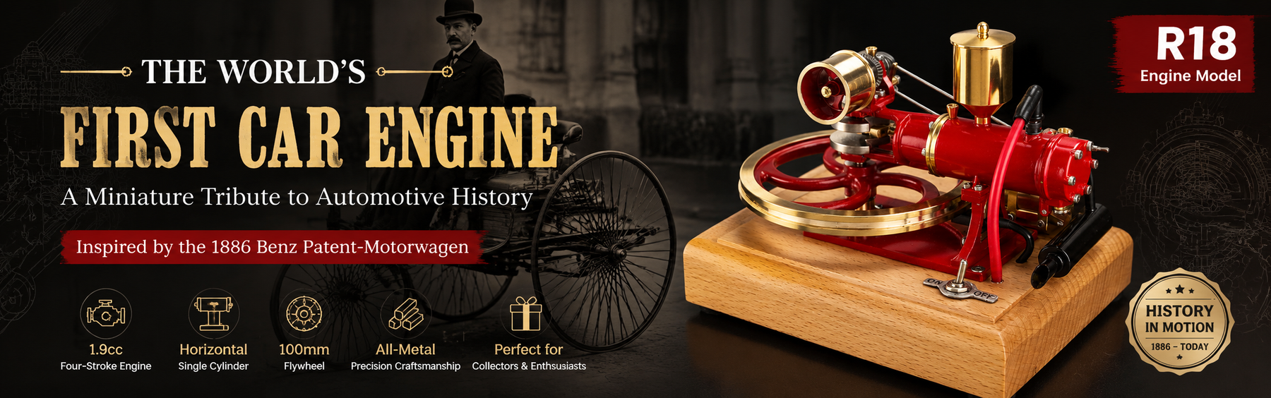 This is an image introducing the R18 Mini 1.9cc Four-Stroke Engine Model.