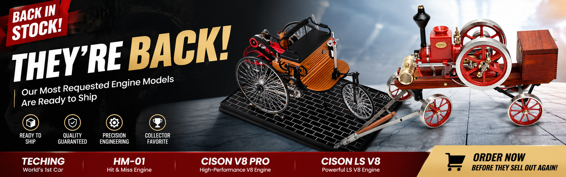 This is a promotional image showing that the HM-01 Hit & Miss, TECHING World's 1st Car & CISON V8 Engine Model has arrived and is in stock.