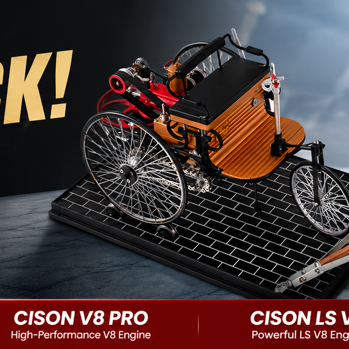 This is a promotional image showing that the HM-01 Hit & Miss, TECHING World's 1st Car & CISON V8 Engine Model has arrived and is in stock.