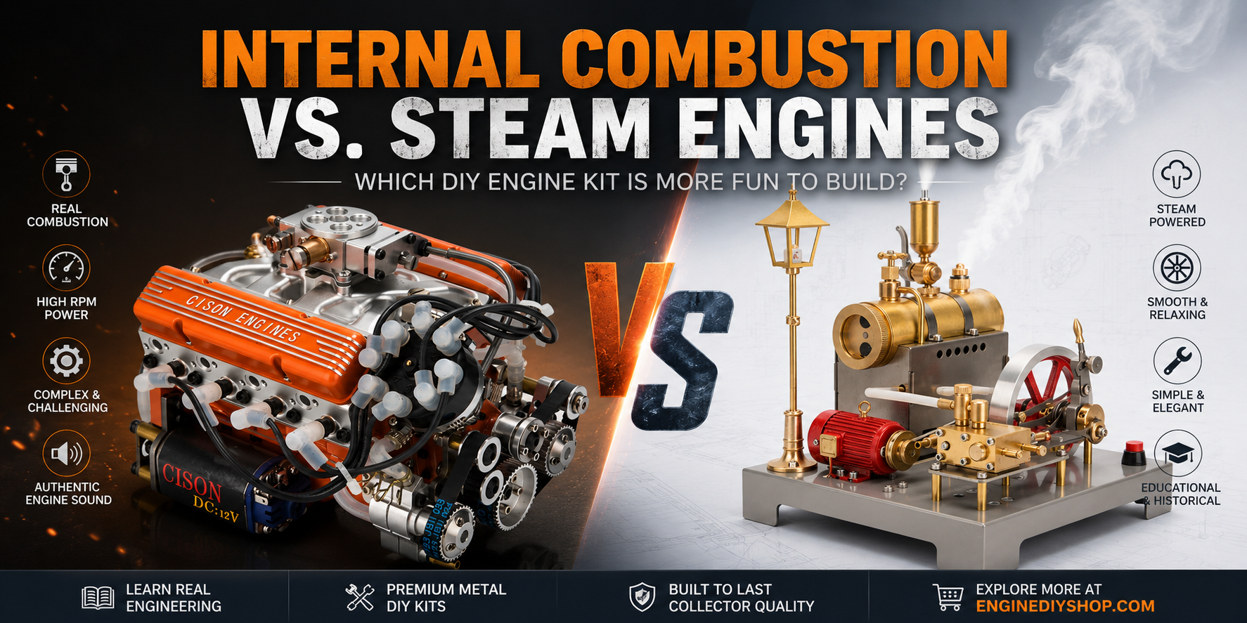 This is an image comparing the characteristics of internal combustion engines and steam engines.