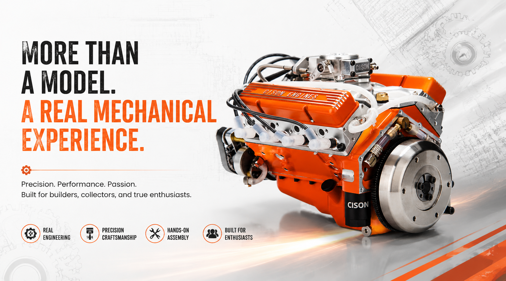 This is a blog image featuring the CISON V8 PRO engine, highlighting the theme "More Than A Model. A Real Mechanical Experience."