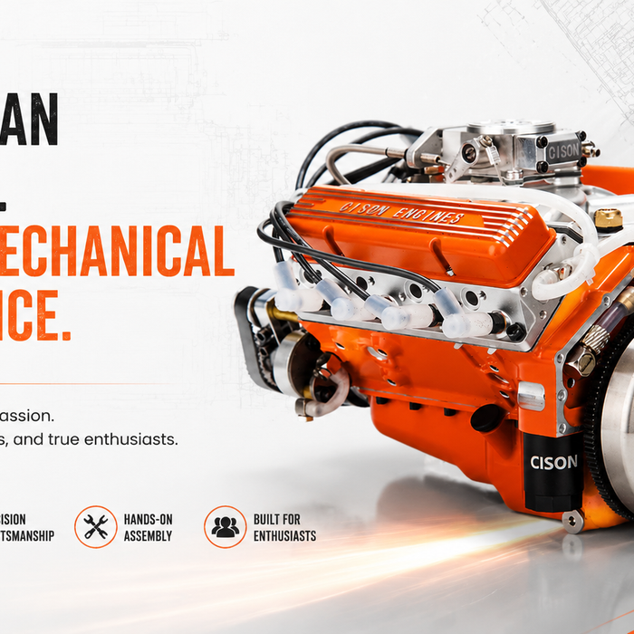 This is a blog image featuring the CISON V8 PRO engine, highlighting the theme "More Than A Model. A Real Mechanical Experience."