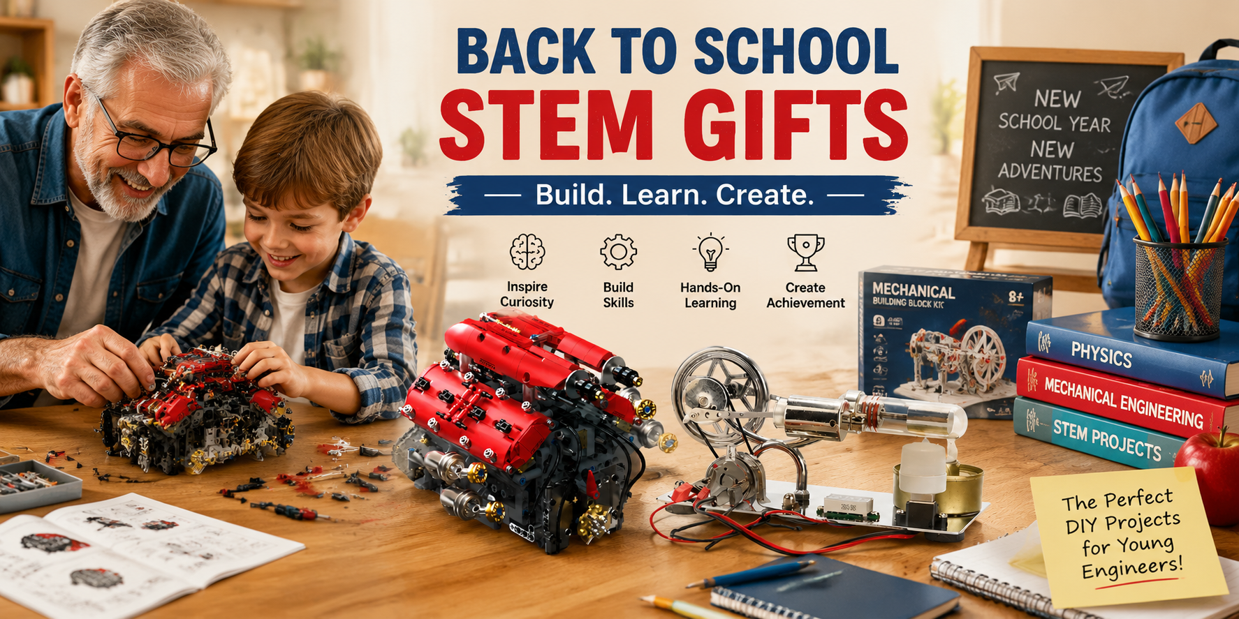 This is an image recommending STEM educational gifts for the back-to-school season.