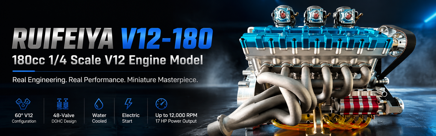 This is a picture of a RUIFEIYA V12-180: 180cc 1/4 Scale V12 Engine.