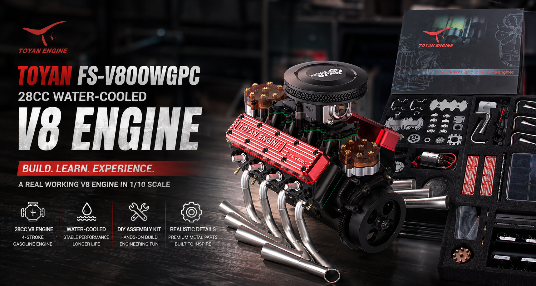 This is a picture of the TOYAN V8 Engine FS-V800WGPC 1/10 Scale DIY Model Kit.