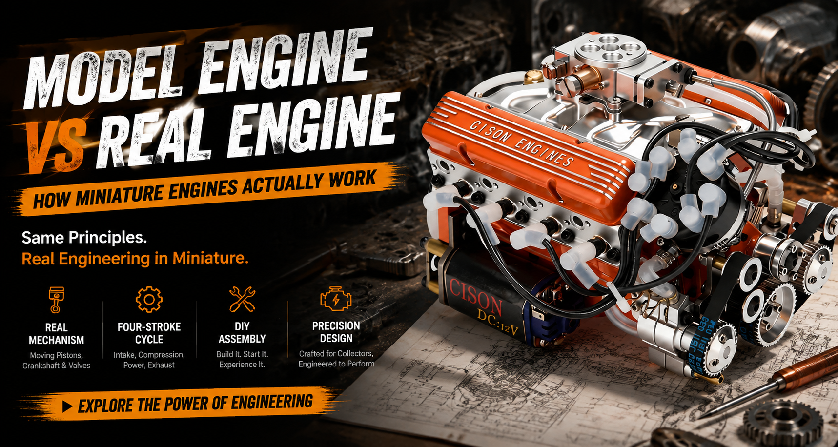 This is an image comparing a real engine with a model engine.