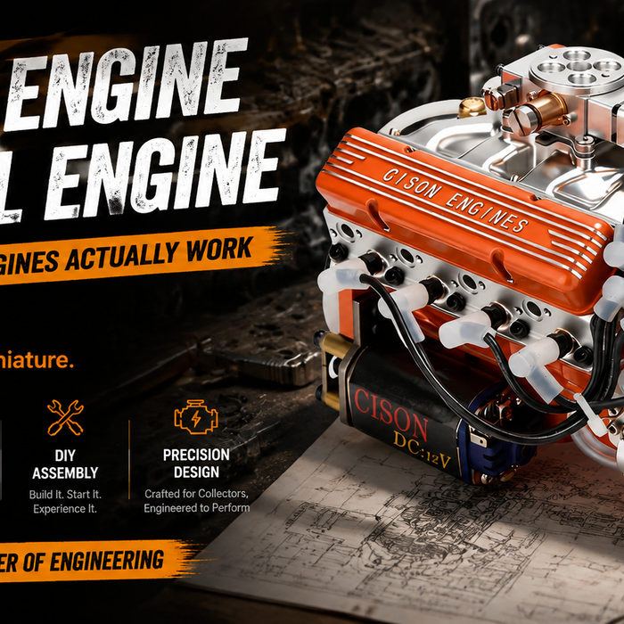 This is an image comparing a real engine with a model engine.