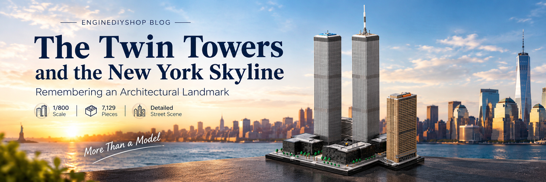 This is an image of a model showing the Twin Towers and the New York skyline at dawn.