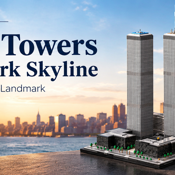 This is an image of a model showing the Twin Towers and the New York skyline at dawn.