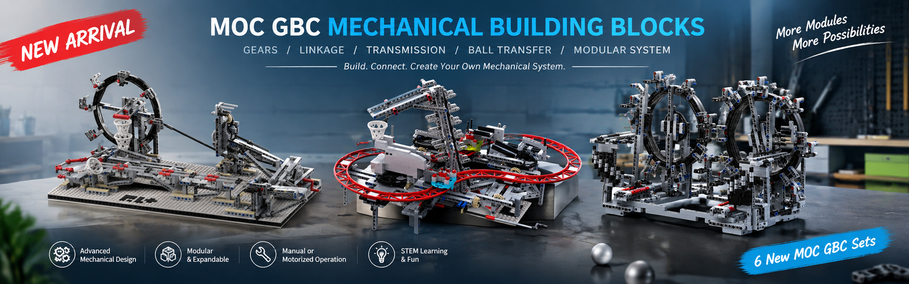 This is an image announcing the launch of new mechanical building block modules.