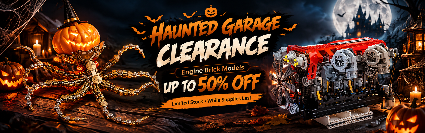 This is an image for a Halloween clearance sale offering up to 50% off.