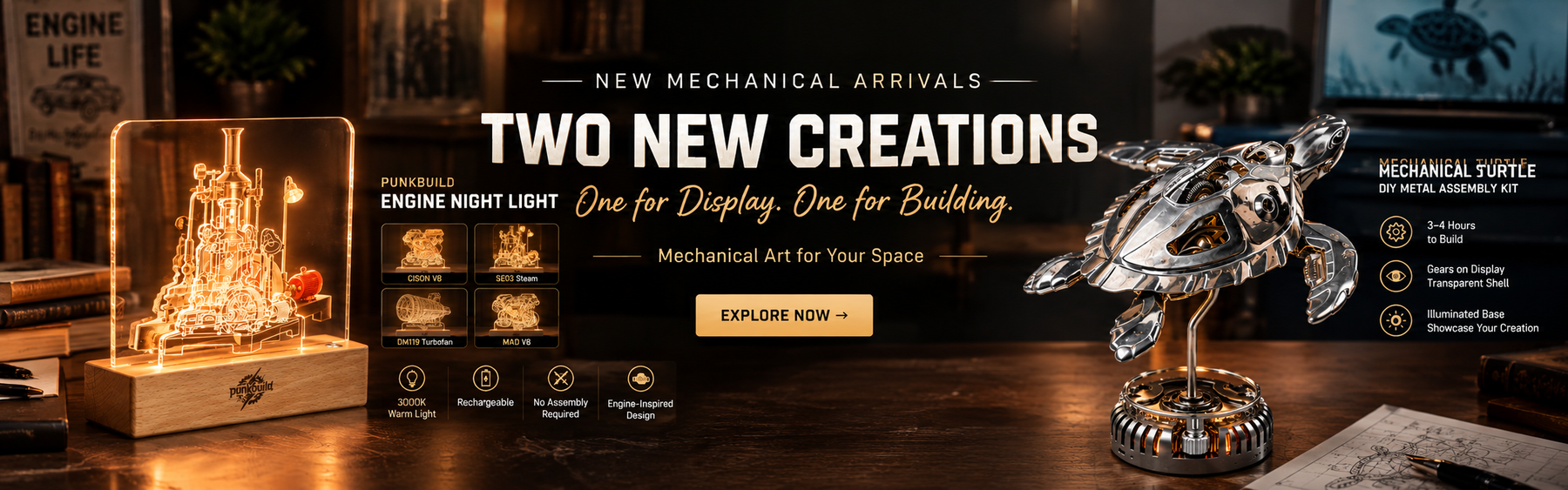 This is an image showcasing new mechanical art pieces: an engine lamp and a mechanical sea turtle.