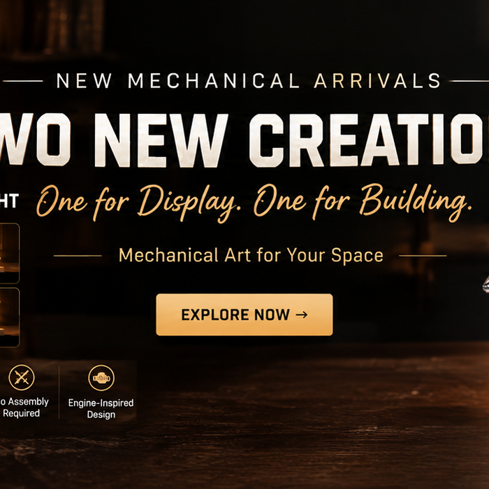 This is an image showcasing new mechanical art pieces: an engine lamp and a mechanical sea turtle.