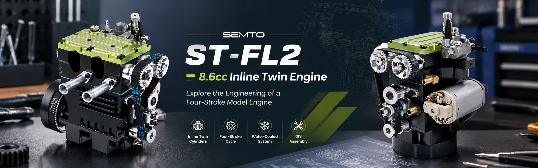 Discover the SEMTO ST-FL2 8.6cc inline twin engine. Explore its four-stroke design, SOHC valve mechanism, water-cooling system, and hands-on DIY engineering experience.
