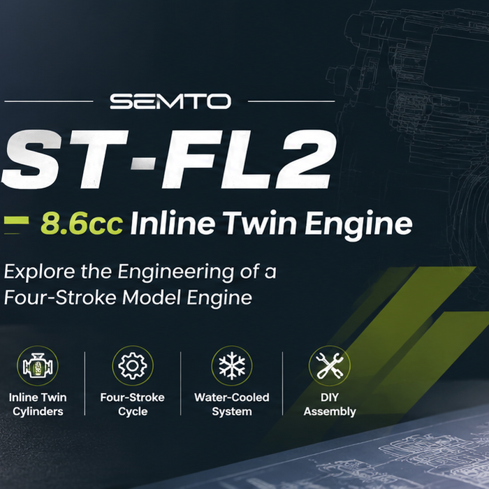 Discover the SEMTO ST-FL2 8.6cc inline twin engine. Explore its four-stroke design, SOHC valve mechanism, water-cooling system, and hands-on DIY engineering experience.