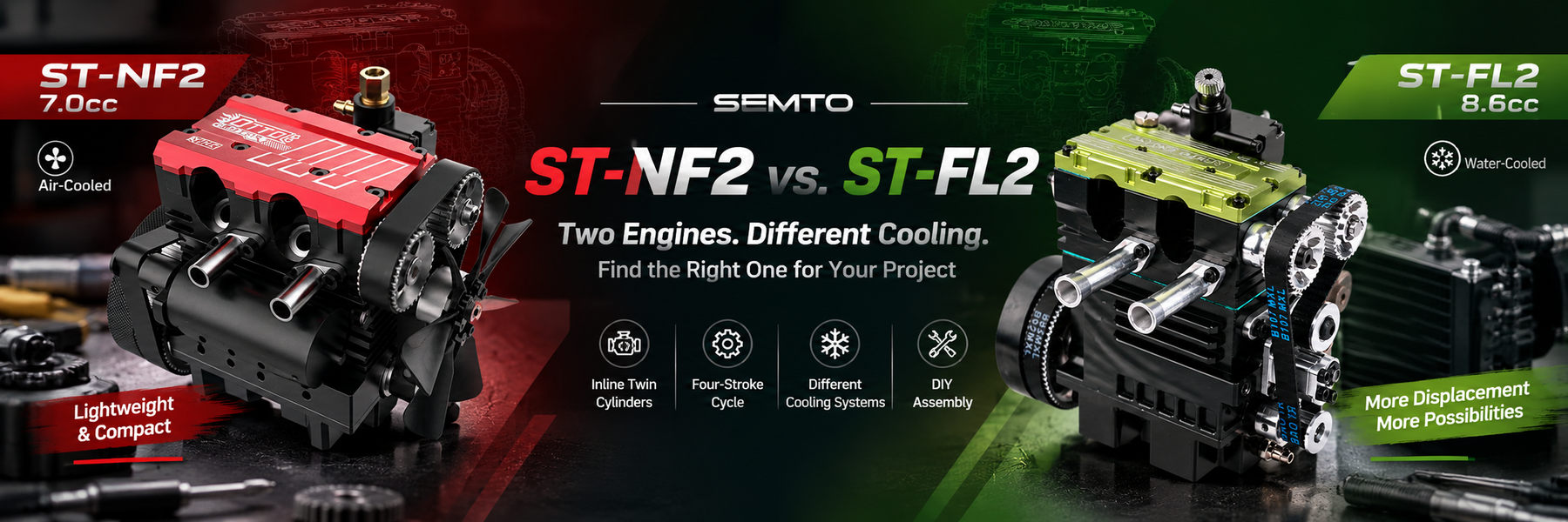 This is a comparison image of the SEMTO ST-NF2 engine and the ST-FL2 engine.