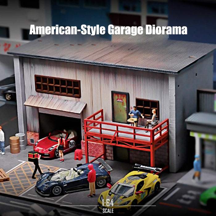 1/64 Scale Wooden American Style Garage & Parking Lot Model with LED Lights, Miniature Building Diorama for Car Photography & Display (Figures & Cars Not Included) enginediyshop