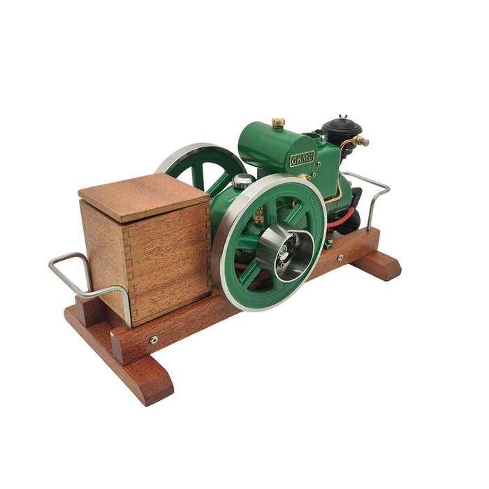 OKMO 1110 Miniature Single-Cylinder 4-Stroke Water-Cooled Horizontal Gasoline Internal Combustion Engine Model with Wooden Display Stand and Ignition System, Japanese Retro Industrial Mechanical Collectible enginediyshop