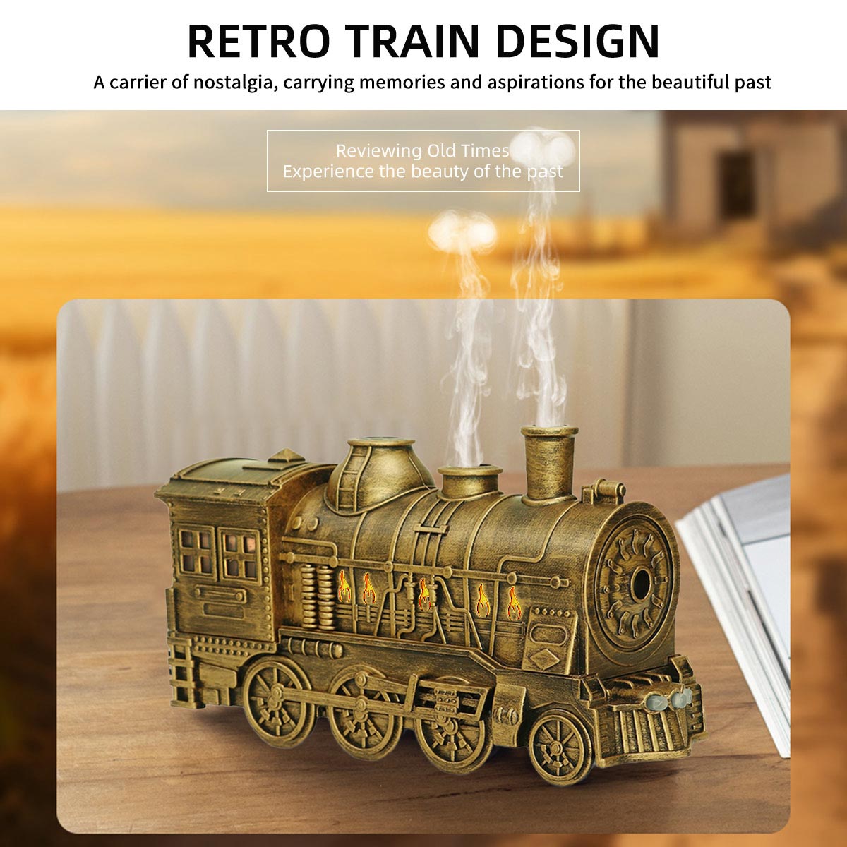300ml Vintage Steam Train Aromatherapy Essential Oil Diffuser and Humidifier with Dual-Color LED Light (Standard US Power Supply/Bronze) enginediyshop