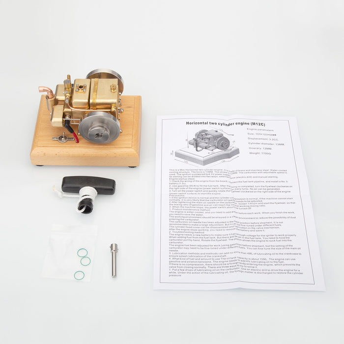 3.2cc Mini Horizontal Water-cooled Double-cylinder Four-stroke Gasoline Engine Model with Wooden Base enginediyshop