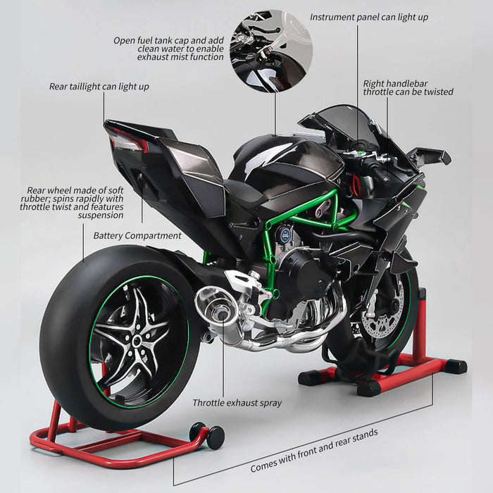 1/6 Scale Alloy Dynamic Motorcycle Model - Simulation Bike with Ignition System & Smoke Spray (Carbon Fiber Style) enginediyshop