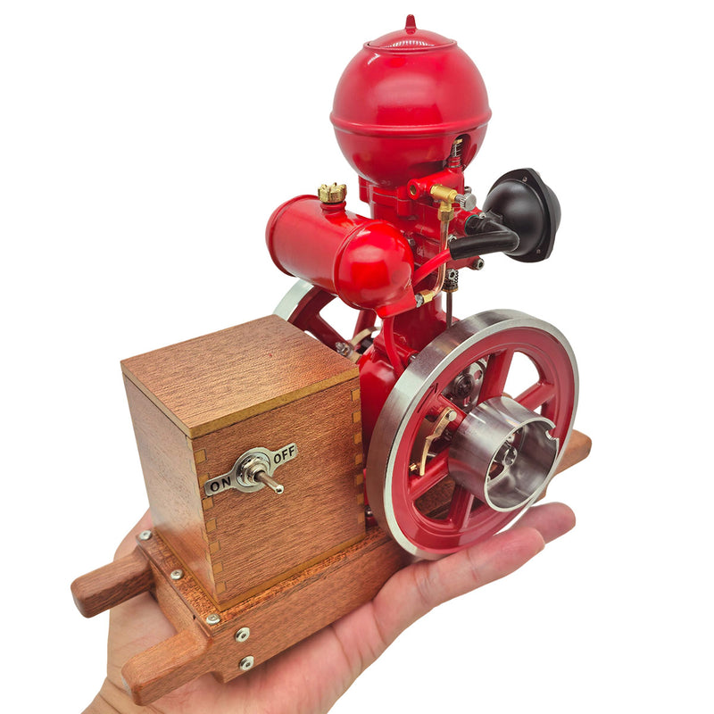 RETROL & OKMO B01 Hit and Miss Gasoline Engine Model Ball Top Miniature Water-Cooled Single-Cylinder 4-Stroke Internal Combustion Engine with Ignition System and Wooden Display Stand