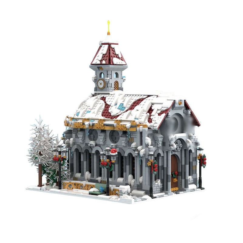 MOC-238564 Winter Village Cathedral Building Block Set with Snowy Red Roof, Clock Tower, Christmas Decor and Detailed Architectural Design-3987PCS enginediyshop