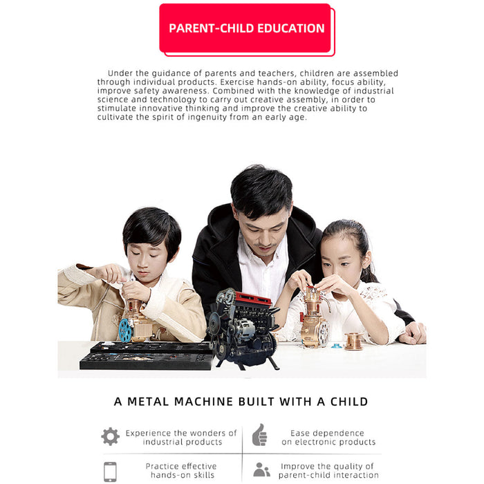 TECHING 3D Metal Turbocharged Inline-four Car Engine DM111-1 Mechanical Engineering DIY Assembly L4 Engine Model Kit (364+PCS/Black and Red) enginediyshop