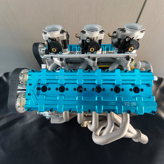 RUIFEIYA V12-180 180cc 1/4 Scale V12 4-Stroke Gasoline Engine Model – DOHC 48-Valve Water-Cooled Engine with ECU, CDI & Electric Start enginediyshop