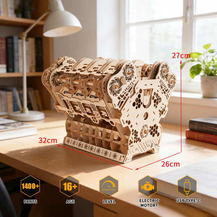 W12 Engine Model Kit – 1400+ PCS Motorized Wooden 3D Simulation Engine – DIY STEM Mechanical Engineering Display & Educational Model enginediyshop