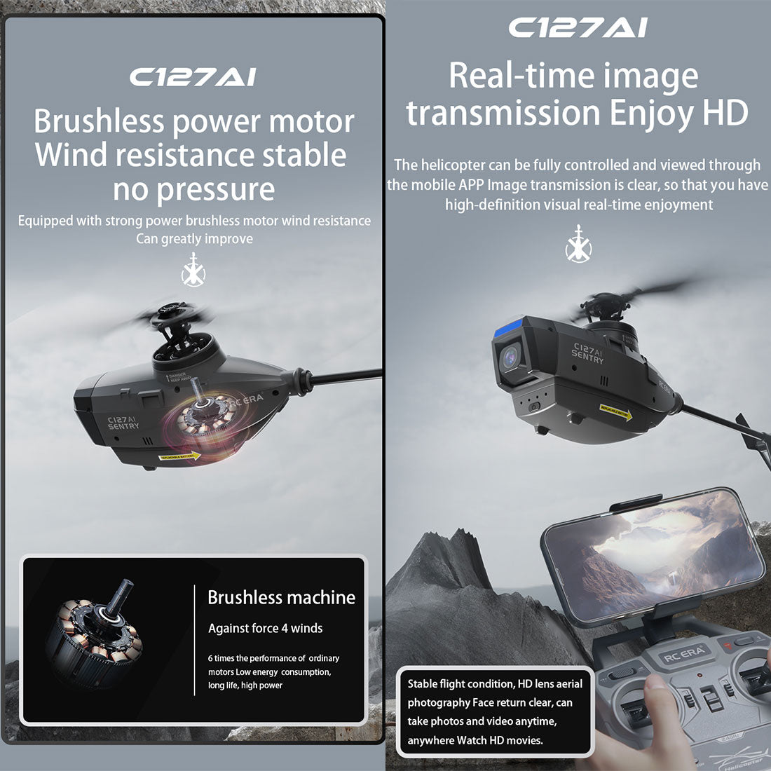 C127AI Scout Drone Model 2.4G RC 4CH Single-Rotor Brushless Helicopter ...