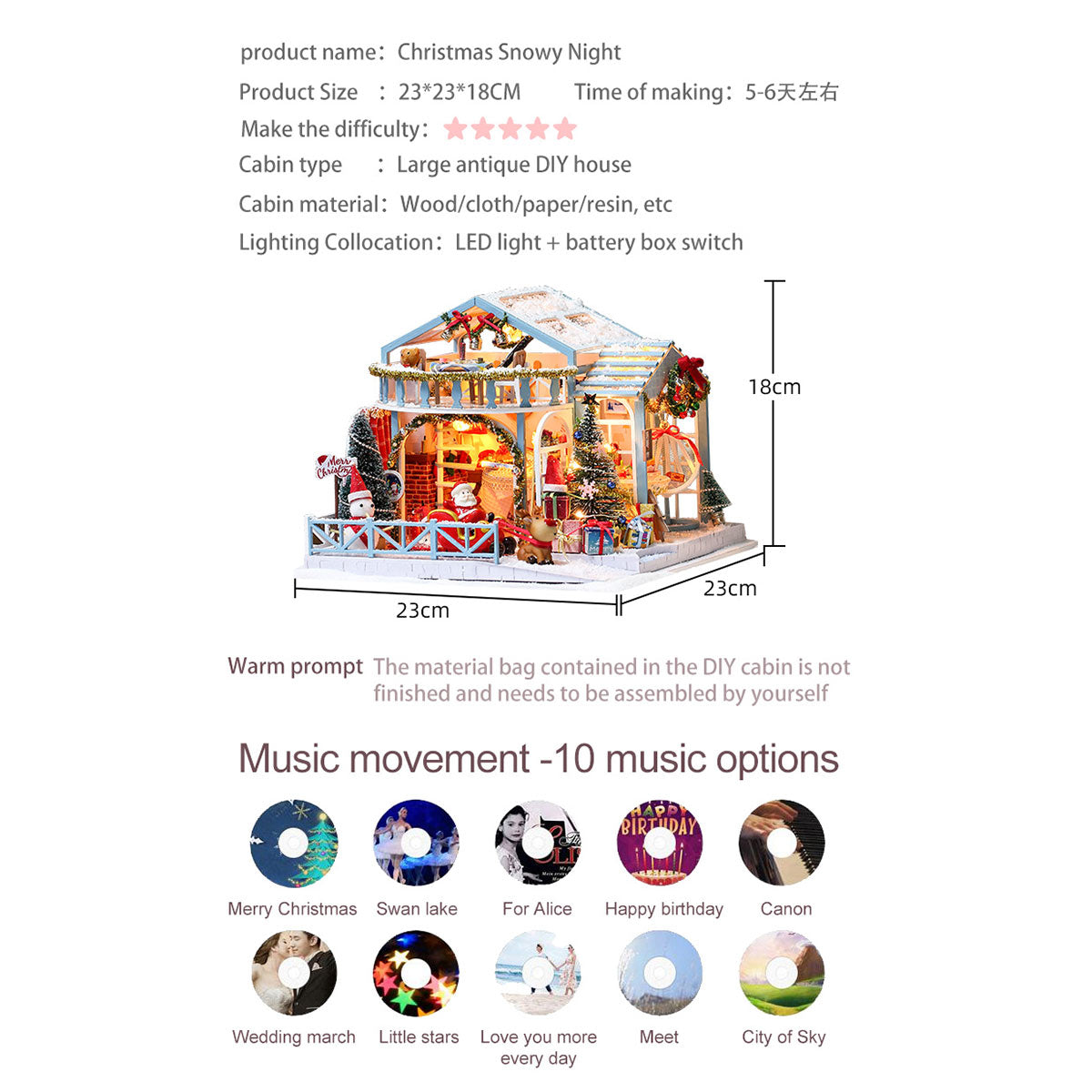 Christmas Snowy Night DIY Miniature House Model Kit, Winter Scene Music Box with Glass Cover, Desktop Decor & Handcrafted Puzzle Gift for Holidays (200+PCS) enginediyshop