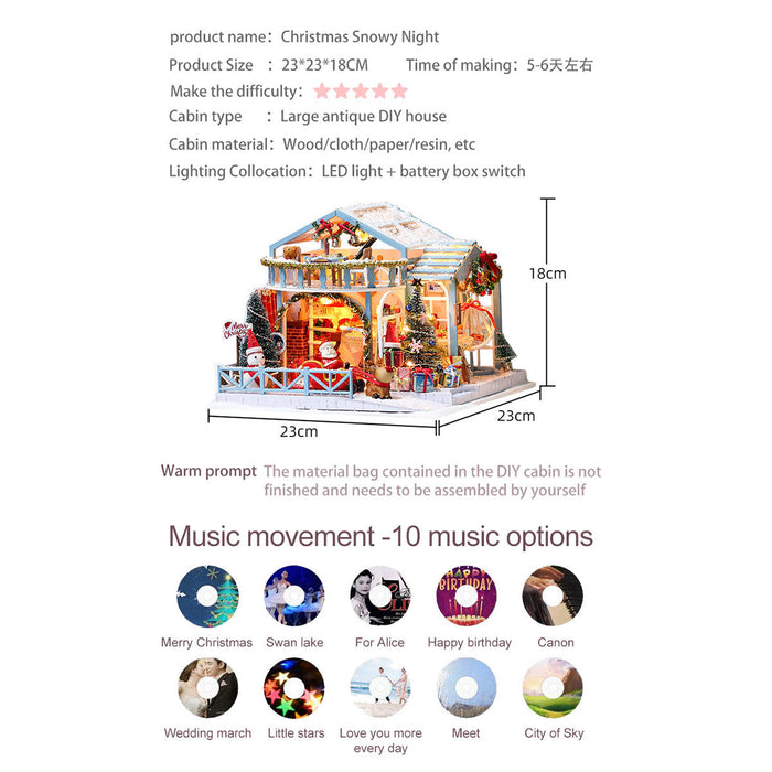 Christmas Snowy Night DIY Miniature House Model Kit, Winter Scene Music Box with Glass Cover, Desktop Decor & Handcrafted Puzzle Gift for Holidays (200+PCS) enginediyshop