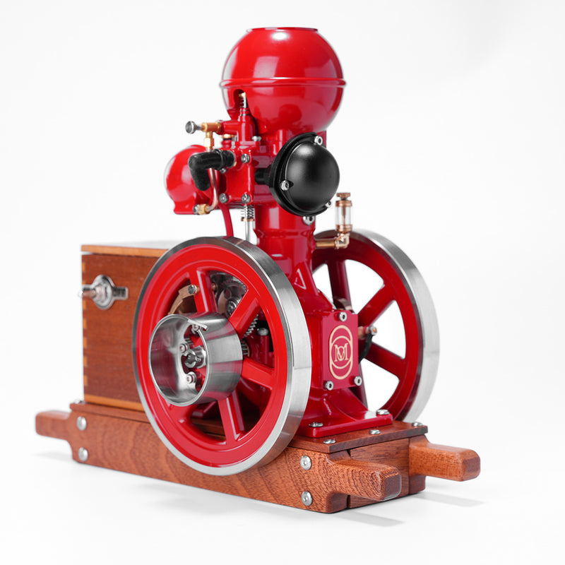 RETROL & OKMO B01 Hit and Miss Gasoline Engine Model Ball Top Miniature Water-Cooled Single-Cylinder 4-Stroke Internal Combustion Engine with Ignition System and Wooden Display Stand
