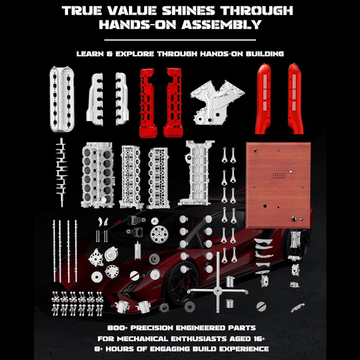 TECHING DM108 V12 Engine Model Kit 1/4 Scale Visible Electric Supercar Engine, DIY Metal Mechanical STEM Educational Kit for Teens & Adults – 800+PCS