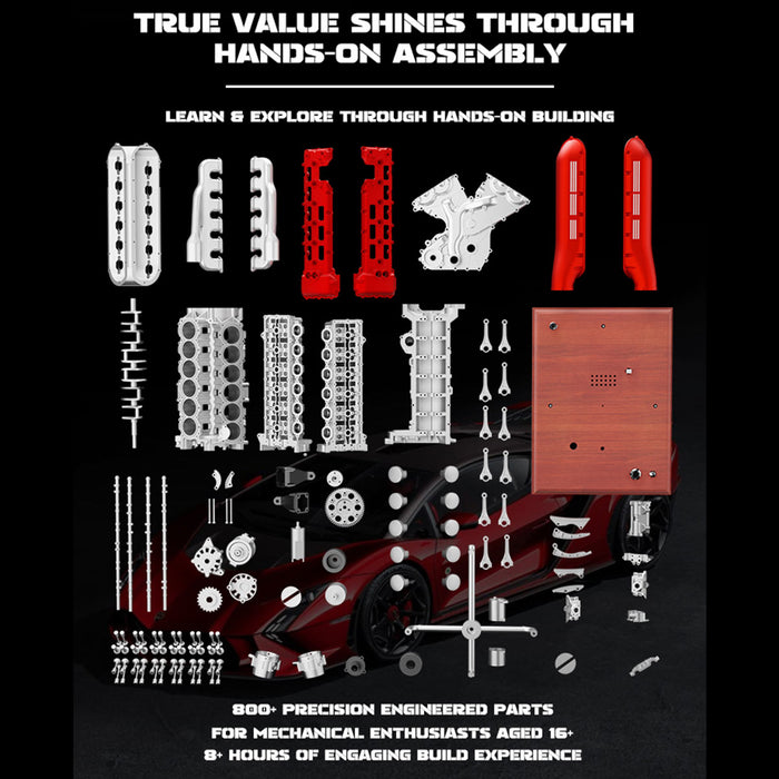 TECHING DM108 V12 Engine Model Kit 1/4 Scale Visible Electric Supercar Engine, DIY Metal Mechanical STEM Educational Kit for Teens & Adults – 800+PCS