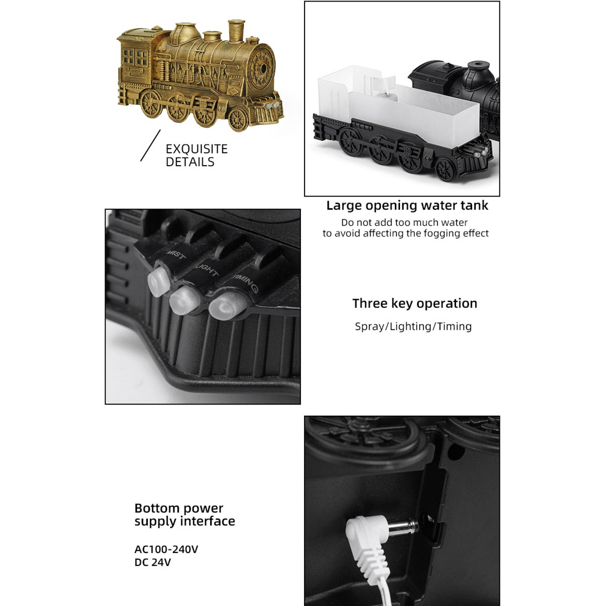 300ml Vintage Steam Train Aromatherapy Essential Oil Diffuser and Humidifier with Dual-Color LED Light (Standard US Power Supply/Bronze) enginediyshop