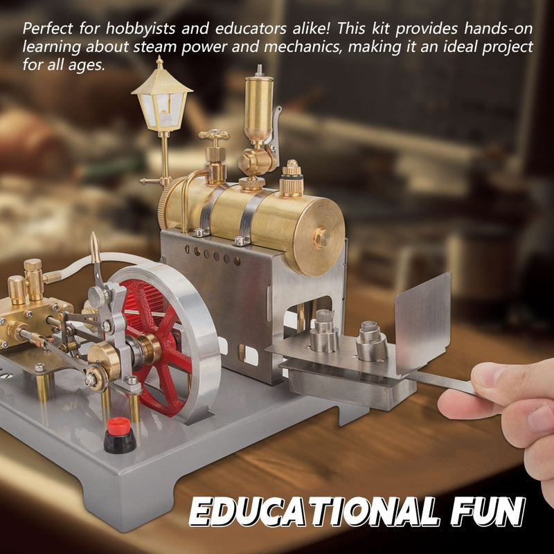 RETROL SE-02 Metal Reversible Horizontal Stationary Steam Engine and Boiler Model Kit with Generator and Street Lamp - enginediyshop