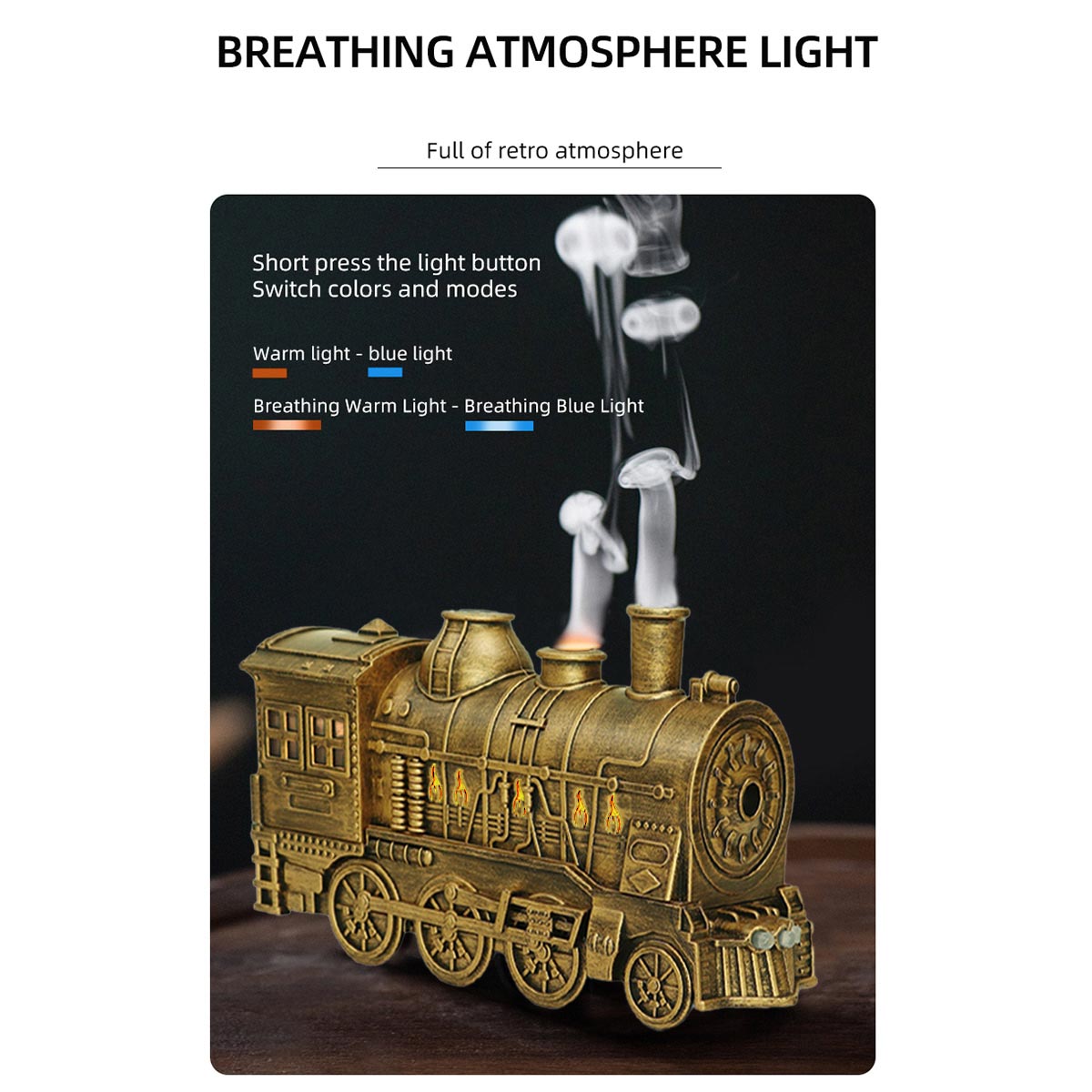 300ml Vintage Steam Train Aromatherapy Essential Oil Diffuser and Humidifier with Dual-Color LED Light (Standard US Power Supply/Bronze) enginediyshop