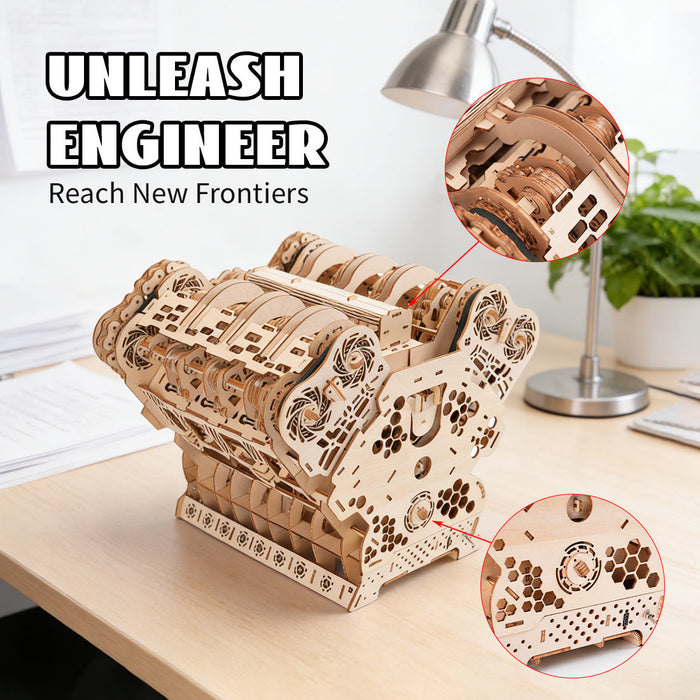 W12 Engine Model Kit – 1400+ PCS Motorized Wooden 3D Simulation Engine – DIY STEM Mechanical Engineering Display & Educational Model enginediyshop