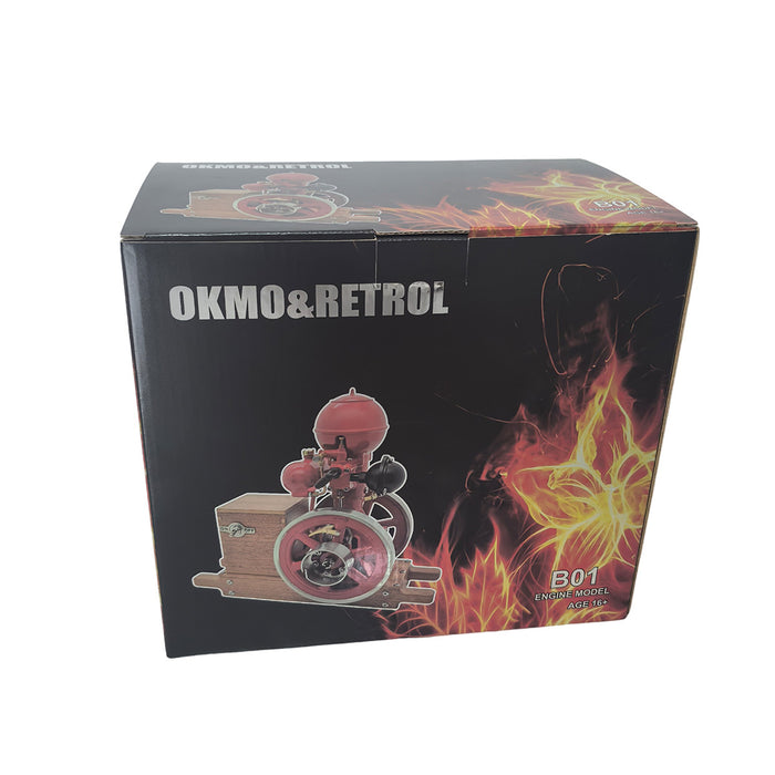 RETROL & OKMO B01 Hit and Miss Gasoline Engine Model Ball Top Miniature Water-Cooled Single-Cylinder 4-Stroke Internal Combustion Engine with Ignition System and Wooden Display Stand