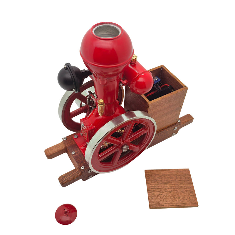 RETROL & OKMO B01 Hit and Miss Gasoline Engine Model Ball Top Miniature Water-Cooled Single-Cylinder 4-Stroke Internal Combustion Engine with Ignition System and Wooden Display Stand