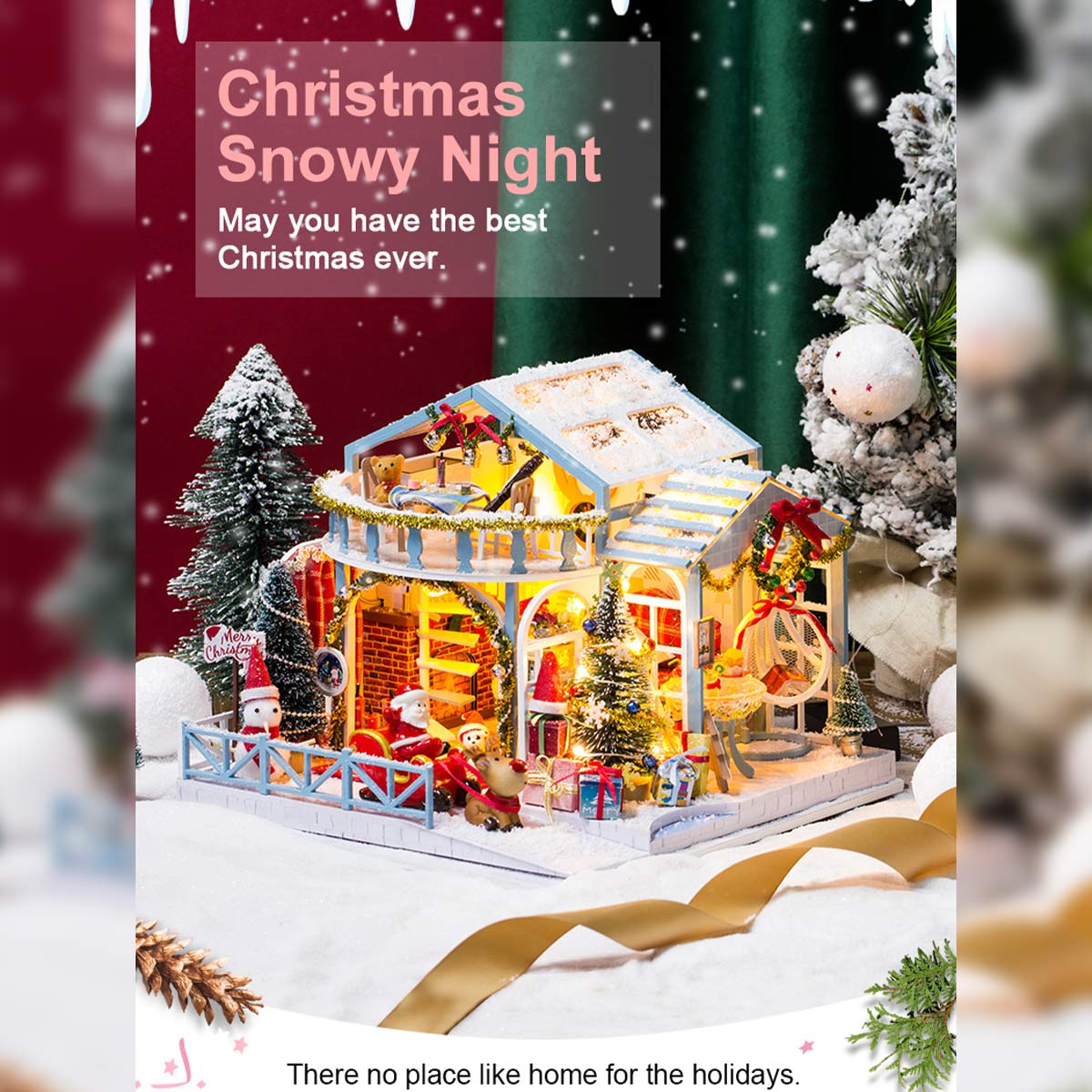 Christmas Snowy Night DIY Miniature House Model Kit, Winter Scene Music Box with Glass Cover, Desktop Decor & Handcrafted Puzzle Gift for Holidays (200+PCS) enginediyshop