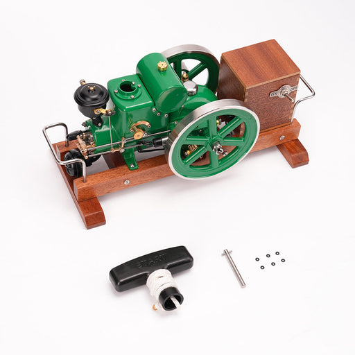 OKMO 1110 Miniature Single-Cylinder 4-Stroke Water-Cooled Horizontal Gasoline Internal Combustion Engine Model with Wooden Display Stand and Ignition System, Japanese Retro Industrial Mechanical Collectible enginediyshop
