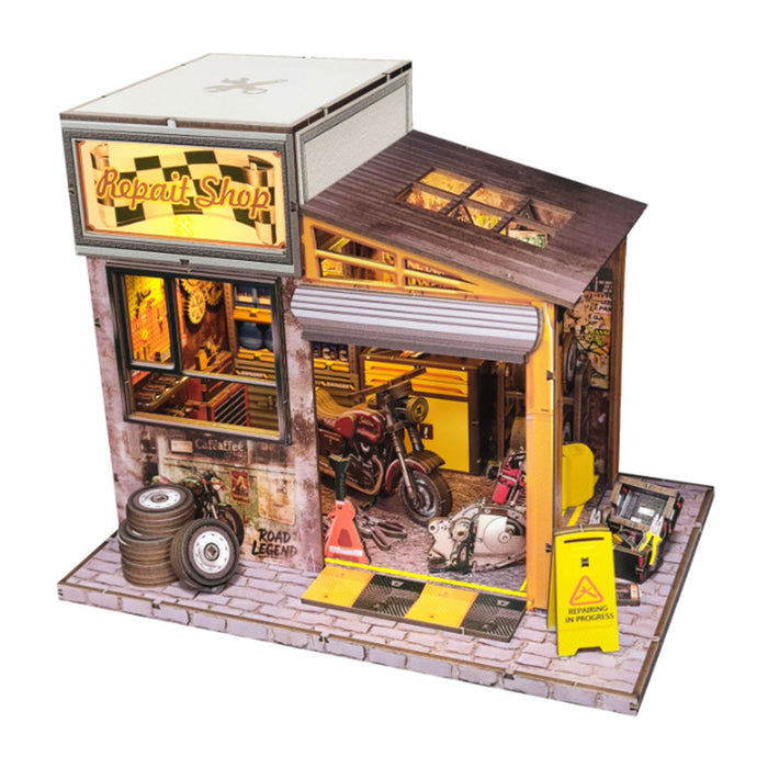 Motorcycle Repair Shop DIY 3D Wooden Miniature Scene Model Kit (213PCS) enginediyshop