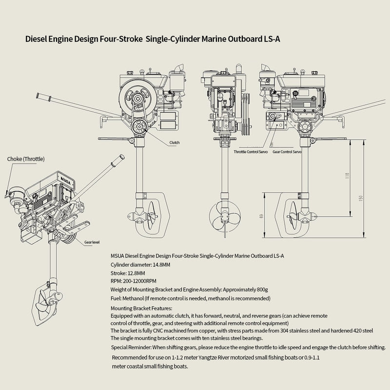 RETROL 2.6cc Single Cylinder 4-Stroke Gasoline Engine Mount Kit with Underwater Propeller Tail Assembly & Mounting Bracket for 1-1.3m Model Fishing Boats - enginediyshop