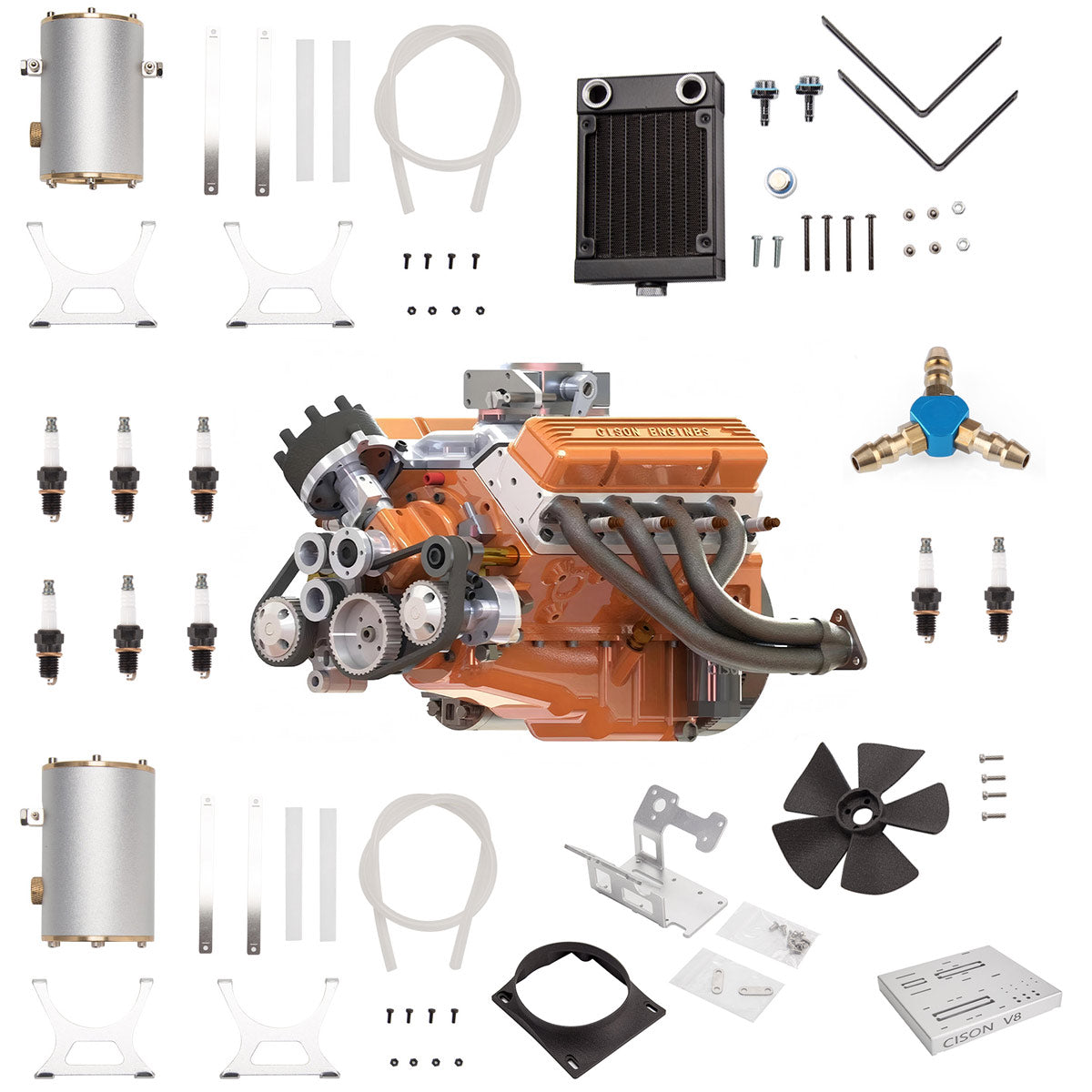 CISON Modelo de motor V8 de 44 cc de bloque pequeño a escala 1/6, kit de modelo de motor V8 de combustión interna de motor de gasolina de 8 cilindros y 4 tiempos refrigerado por agua 